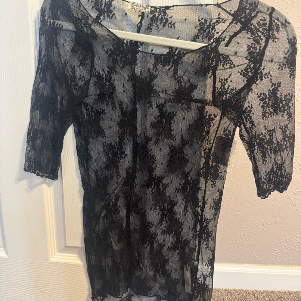 FREE PEOPLE BLACK MESH SHEER TOP WITH THREE QUARTER SLEEVES! - Picture 4 of 4